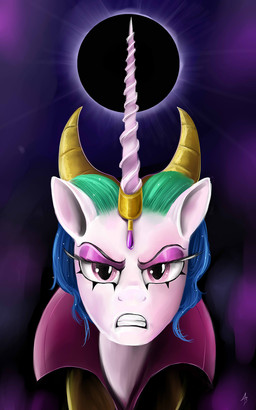 abstract_background angry clothing crown eclipse female feral fur hair headgear horn looking_at_viewer multicolored_hair purple_eyes solar_eclipse solo sun white_body white_fur nightshroud hasbro idw_publishing my_little_pony my_little_pony_(idw) mythology evil_celestia_(idw) equid equine mammal mythological_creature mythological_equine unicorn 2014 5:8 hi_res