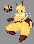 blue_eyes female markings simple_background solo stinger striped_markings stripes thick_thighs wings nezulet microsoft minecraft mojang xbox_game_studios animal_humanoid arthropod arthropod_humanoid bee bee_(minecraft) humanoid hymenopteran insect hi_res