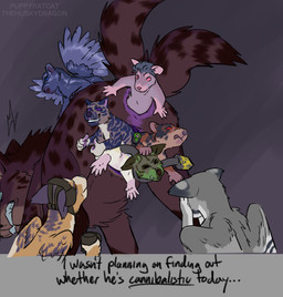 2_faces 2_tails ambiguous_gender anal anal_penetration anal_vore anus feral fur group low-angle_view male male_penetrated many_prey_at_once many_prey_same_hole markings multi_face multi_snout multi_tail multiple_prey open_mouth partially_inside penetration pouch_(anatomy) simple_background size_difference smile spots spotted_body surprise_buttsex surprised tail text vore wings worm's-eye_view puppyratcat alien canid canine canis felid feline herpestid mammal maned_wolf meerkat rodent serval xangen xog english_text hi_res