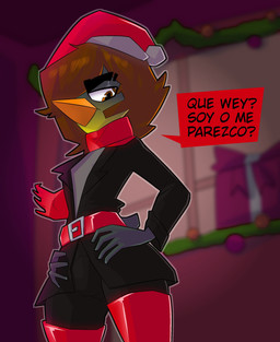 anthro belt boots christmas_clothing christmas_headwear clothing femboy footwear hat headgear headwear holidays jacket legwear long_boots male santa_hat shoes solo text thigh_boots thigh_highs topwear yerolay christmas yerolay_(character) avian bird penguin hi_res spanish_text