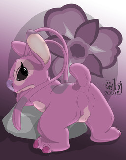 angry antennae_(anatomy) back_markings black_eyes butt countershade_face countershading eyelashes featureless_crotch female flower frown fur leaning leaning_forward looking_back markings multicolored_antennae no_sclera null pink_body pink_fur plant plantigrade purple_markings purple_nose rear_view rock small_tail solo sparkles tail three-quarter_view two_tone_antennae sherwood disney lilo_and_stitch angel_(lilo_and_stitch) alien experiment_(lilo_and_stitch) 2019 hi_res