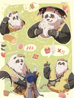 anthro asian_clothing bamboo black_body black_fur blue_hair blush cactus chinese_clothing clothing dumplings duo east_asian_clothing exclamation_point eyewear female food food_on_head fur glasses green_background hair heart_symbol male overweight overweight_male plant shirt simple_background speech_bubble topwear white_body white_fur yellow_clothing yellow_shirt yellow_topwear littlejimmy1218 mihoyo zenless_zone_zero belle_(zenless_zone_zero) pan_yinhu bear giant_panda human mammal 2025 3:4 hi_res