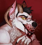 action_pose anthro black_eyebrows black_hair black_nose blood blood_on_chin blood_on_hand bodily_fluids brown_horn cheek_tuft chest_tuft eyebrows eyewear facial_piercing facial_tuft fangs fur glasses glistening glistening_eyes hair horn inner_ear_fluff licking licking_lips licking_own_lips male nose_piercing nose_ring nosebleed nude open_mouth piercing pink_tongue pose rectangular_glasses red_background ring_piercing self_lick septum_piercing septum_ring short_hair simple_background solo teeth tongue tongue_out tuft whiskers white_body white_fur white_inner_ear_fluff yellow_eyes yellow_sclera riorix canid mammal 2017 dated headshot_portrait hi_res portrait signature