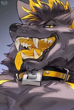 anthro black_collar black_nose blonde_hair brown_pupils cheek_tuft chest_tuft collar facial_tuft fangs front_view fur glistening glistening_eyes grey_body grey_fur grey_hair hair looking_at_viewer male male_anthro multicolored_hair neck_tuft nude open_mouth pecs pupils short_hair simple_background solo teeth tongue tongue_out tuft two_tone_hair yellow_collar yellow_eyes yellow_tongue famir elsifthewolf canid canine mammal 2025 bust_portrait dated portrait signature