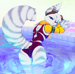 anthro camel_toe clothing female genital_outline head_on_arms in_pool looking_at_viewer looking_back looking_back_at_viewer one_eye_closed raised_tail smile solo swimwear tail vulva_outline water wink t-27_(sova) ratchet_and_clank sony_corporation sony_interactive_entertainment rivet_(ratchet_and_clank) lombax mammal absurd_res hi_res