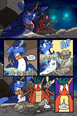 2_horns 5_panel_comic ambiguous_gender balloon balloon_with_face black_nose black_text blue_body blue_fur blue_hair blue_text blue_wings brown_body cheek_tuft claws dialogue dot_pupils ellipsis exclamation_point eyebrows eyelashes facial_tuft feathered_wings feathers feral finger_claws floating flying forked_tongue fur glowing green_eyes group hair holding_melee_weapon holding_object holding_weapon horn inflatable jewelry looking_at_another looking_at_object melee_weapon motion_lines mouth_closed night open_mouth orange_body outside page_number pendant red_eyes scales sky sound_effects speech_bubble star tail talking_to_another telekinesis text tongue tongue_out toony translucent translucent_hair tuft weapon white_sclera wings virmir mythology renbrand roko_kirihoko saida canid canine couatl dragon feathered_scalie feathered_snake fox mammal mythological_creature mythological_scalie reptile scalie snake 2025 absurd_res comic english_text hi_res female_(lore) male_(lore)