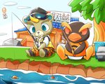 anthro blonde_hair buckteeth chibi clothing duo fishing fishing_rod freckles hair hat headgear headwear male outside sitting teeth text kinakomochi animal_crossing nintendo c.j._(animal_crossing) hopper_(animal_crossing) avian beaver bird crested_penguin macaroni_penguin mammal penguin rodent 5:4 japanese_text