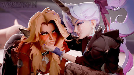 all_fours amber_eyes bangs bedroom_eyes behaving_like_a_dog black_eyebrows blonde_hair blush blushing_profusely bomber_jacket bottomwear breast_scar breasts chin_scratch cleavage clothed clothed_female clothed_humanoid clothing collar_tag colored_nails depth_of_field detailed_background duo ear_piercing ear_ring eyebrows eyelashes facial_scar female female/female female_humanoid fingerless_gloves freckled_face freckles gloves hair handwear headpat horn humanoid_on_humanoid jacket jewelry kneeling leg_tattoo logo moon_collar_tag moon_symbol nails narrowed_eyes necklace not_furry on_one_knee pants parted_bangs patch_(fabric) petting piercing pink_hair pointy_ears prick_ears purple_eyebrows purple_eyelashes purple_eyes purple_hair purple_nails ribbons ring_piercing scar scratches secretly_loves_it seductive slim slim_female slim_humanoid smile smiling_at_another smiling_at_partner smug tail tail_motion tailwag tattoo topwear unicorn_horn unimpressed wearing_collar white_freckles yellow_tail woozysfm deadlock_(game) mythology valve celeste_(deadlock) lilah_silver animal_humanoid canid canine equid equid_humanoid equine humanoid mammal mammal_humanoid mythological_canine mythological_creature mythological_equine unicorn unicorn_humanoid werecanid werecanine werecreature werewolf 16:9 2026 3d_(artwork) 3d_animation animated artist_logo blender_(artwork) digital_media_(artwork) english_description loop seamless_loop watermark widescreen