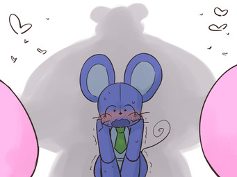 accessory anthro biped blue_body blue_ears blush blush_lines bodily_fluids bow_tie duo front_view heart_symbol high-angle_view male monotone_body mostly_nude motion_lines necktie nervous open_mouth plushie shaking silhouette simple_background solo_focus sweat tail white_background ab_fr_tn lovedoll_toy_factory jerri_(gremlingrounded) teddi_(gremlingrounded) animate_inanimate living_plushie mammal mouse murid murine rodent 2026 4:3 digital_media_(artwork) hi_res