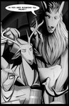 anthro big_ears book clothed clothing comic_panel drunk duo female fur graphic_novel hair larger_male male size_difference substance_intoxication tavern text white_body white_fur thewyvernsweaver last_fables ceslaus_(last_fables) eni_siverets_(last_fables) canid canine canis hare lagomorph leporid mammal rabbit wolf 2023 comic english_text hi_res monochrome