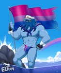 5_fingers abs anthro biped bisexual_pride_colors blue_body blue_sky bulge clothing day detailed_bulge fingers flag flag_(object) flag_speedo flag_swimwear genital_outline hat headgear headwear holding_flag holding_object lgbt_pride male muscular muscular_anthro muscular_male outside partially_submerged pecs penis_outline pride_color_clothing pride_color_flag pride_color_swimwear pride_colors rainbow rainbow_arch sea sky solo speedo standing super_gay swimwear water elfein cephalopod coleoid marine mollusk octopodiform 2021 digital_media_(artwork) hi_res