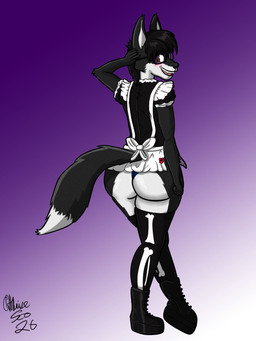 anthro big_butt biped boots butt clothing eyewear fangs femboy footwear glasses maid_uniform male male_anthro open_mouth plantigrade shoes solo teeth uniform wearing_glasses otherwisesco canid canine canis fox hybrid mammal wolf hi_res