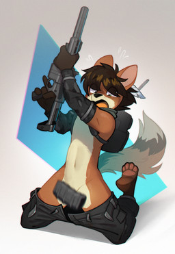 anthro backpack biped blush blush_lines bodily_fluids clothed clothing convenient_censorship countershade_face countershade_torso countershading embarrassed eye_through_hair eyebrow_through_hair eyebrows flying_sweatdrops gun hair holding_gun holding_object holding_ranged_weapon holding_weapon kneeling male motion_blur navel open_mouth pawpads ranged_weapon solo sweat sweatdrop tail topless topless_anthro topless_male translucent translucent_hair wardrobe_malfunction weapon rexyseven mammal 2026 digital_drawing_(artwork) digital_media_(artwork) english_description full-length_portrait hi_res portrait