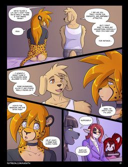 anthro biped breasts brown_eyes butt clothing dialogue duo eyebrows female fur hair male open_mouth sitting tail tan_body tan_fur tan_tail text tongue topwear underwear yellow_body yellow_fur yellow_tail conditional_dnp kadath dynamite_(kadath) glitter_(kadath) nightshade_(kadath) rory_(kadath) ruby_(kadath) ailurid antelope bird_dog bovid canid canine canis cheetah domestic_dog felid feline gazelle hunting_dog jackal labrador mammal red_panda retriever 2025 comic english_text hi_res url
