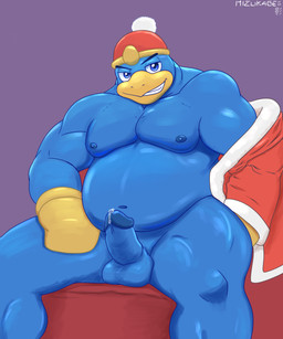 anthro balls blue_body blue_eyes bodily_fluids chode clothing erection genital_fluids genitals glans gloves handwear hat headgear headwear looking_at_viewer male navel nipples overweight overweight_male penis precum sitting solo mizukage_(artist) kirby_(series) nintendo king_dedede avian bird penguin 5:6 hi_res
