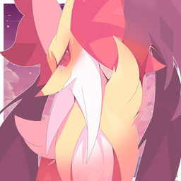 ambiguous_gender anthro arm_tuft blush border cheek_tuft cloud eyelashes facial_tuft fur inner_ear_fluff looking_at_viewer multicolored_body multicolored_fur night outside pointy_ears pointy_nose purple_body purple_fur raised_arm red_body red_eyes red_fur side_view smile solo star tuft white_body white_border white_fur yellow_body yellow_fur rullu_1507 nintendo pokemon pokemon_legends_z-a generation_9_pokemon mega_delphox mega_evolution pokemon_(species) 1:1 2025 digital_drawing_(artwork) digital_media_(artwork) hi_res