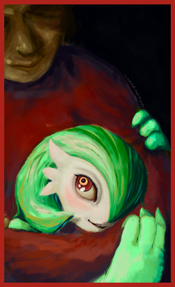 blush border clothing cuddling duo fur green_body green_fur green_hair hair hug red_border red_clothing red_eyes red_topwear smile topwear white_body white_fur halfbaked-hope nintendo pokemon gardevoir generation_3_pokemon human mammal pokemon_(species) absurd_res hi_res