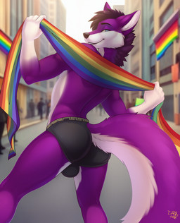 anthro blue_eyes bulge butt city city_background clothing femboy fur hair lgbt_pride male multicolored_body multicolored_fur one_eye_closed pride_color_flag pride_colors purple_body purple_fur solo tail underwear wink essien lavi ych_(character) canid canine canis mammal wolf 1:1 absurd_res digital_drawing_(artwork) digital_media_(artwork) hi_res
