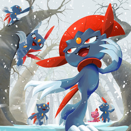 ambiguous_gender anthro blue_body claws climbing_tree eyelashes eyes_closed fangs featureless_chest featureless_crotch finger_claws flat_chested forest forest_background group male nature nature_background open_mouth outside pink_body plant red_eyes sitting snow snowing tail teeth toe_claws tongue tree winter vertlapin96 nintendo pokemon generation_2_pokemon generation_4_pokemon pokemon_(species) shiny_pokemon sneasel weavile 1:1 2026 cel_shading digital_drawing_(artwork) digital_media_(artwork) hi_res lineless shaded signature