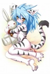 anthro barefoot biped blue_hair blush claws cuff_(restraint) feet female fur hair hug leg_ribbon long_hair looking_at_viewer paws plushie restraints ribbons smile solo striped_body striped_fur stripes tail wrist_cuffs yellow_eyes tomoyan_(nyakkoya) fuurin_rei felid mammal pantherine tiger hi_res