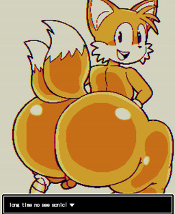 anthro balls big_butt blue_eyes butt dipstick_tail exclamation_point genitals huge_butt looking_at_viewer looking_back male markings nude open_mouth shota solo tail tail_markings text thick_thighs wide_hips yellow_body young young_anthro young_male furu_flami sega sonic_the_hedgehog_(series) miles_prower canid canine fox mammal english_text