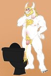 anthro barazoku beard blonde_hair bodily_fluids body_hair chest_hair facial_hair genital_fluids hair horn long_ears male mature_male musclegut muscular nipples omorashi peeing solo urine watersports angry_platypus undertale undertale_(series) asgore_dreemurr bovid caprine goat mammal hi_res