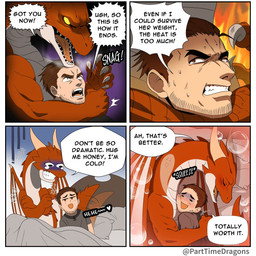 anthro bodily_fluids claws clenched_teeth cuddling dialogue duo facial_hair female female_anthro hug humor interspecies_romance larger_anthro larger_female long_neck male male/female male_human male_on_anthro membrane_(anatomy) membranous_wings red_body red_scales romantic romantic_couple scales shaking sharp_teeth shivering size_difference speech_bubble stubble sweat tears teeth text tight_hug ventral_scales wings yellow_eyes parttimedragons mythology dragon human mammal mythological_creature mythological_scalie scalie 1:1 comic english_text hi_res