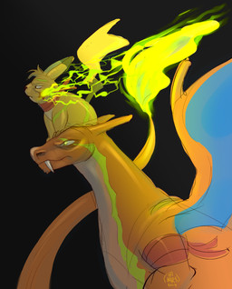 duo fangs feral fire freckles looking_away male male/male scar teeth wings hahars nintendo pokemon charizard generation_1_pokemon pikachu pokemon_(species) hi_res