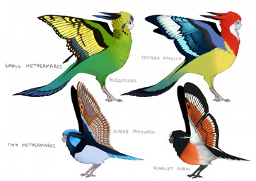ambiguous_feral ambiguous_gender avian_feet black_body black_face black_feathers black_wings blue_wings brown_wings eyes_closed feathers feral green_body green_feathers grey_face grey_scutes group insect_wings lepidopteran_wings multicolored_body multicolored_feathers orange_body orange_feathers orange_wings red_body red_feathers scutes side_view simple_background spread_wings white_background white_face white_wings wings yellow_wings jejejunum european_mythology greek_mythology mythology avian bird budgerigar eastern_rosella fairywren harpy loriinae malurid mythological_avian mythological_creature nethermare oscine parakeet parrot passerine robin_(bird) scarlet_robin superb_fairywren true_parrot 2025 digital_drawing_(artwork) digital_media_(artwork) full-length_portrait hi_res model_sheet multiple_images portrait