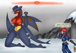 angry anthro areola big_breasts bodily_fluids breasts claws dialogue duo female genitals male nipples pink_areola pink_nipples pokemorph pussy red_eyes sharp_teeth snow sweat sweatdrop teeth text rorrek nintendo pokemon pokemon_legends_arceus rei_(pokemon) alpha_pokemon garchomp generation_4_pokemon human mammal pokemon_(species) english_text