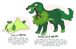 ambiguous_gender blep feral floppy_ears fur green_body green_fur group leaf leaf_ears leaf_tail paws plant stick_in_mouth tail text tongue tongue_out toony trio eliasericson fakemon canid canine canis domestic_dog elemental_creature flora_fauna mammal english_text