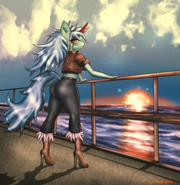 anthro big_breasts biped boots breasts clothed clothing cloud costume female footwear fur hair half-closed_eyes high_heeled_boots high_heels horn jacket long_hair looking_at_viewer narrowed_eyes orange_eyes outside railing sea shoes sky smile solo standing sun sunset topwear water white_hair wood sixpathoffriendship capcom darkstalkers hasbro my_little_pony mythology fan_character safesleep equid equine mammal mythological_creature mythological_equine unicorn crossover digital_media_(artwork) hi_res