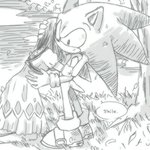 anthro clothing dialogue dress duo female footwear gloves grass hair handwear hug kneeling male outside plant shoes smile speech_bubble standing text tree bukikobuta sega sonic_the_hedgehog_(series) princess_elise_the_third sonic_the_hedgehog eulipotyphlan hedgehog human mammal 1:1 2013 english_text low_res monochrome sketch