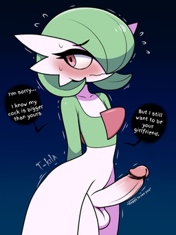 anthro balls blush bodily_fluids erection femboy genitals green_hair hair interspecies male misgendering nervous penis red_eyes shaking shy solo speech_bubble standing sweat sweatdrop text tremble_lines trembling white_body white_skin t-kila nintendo pokemon gardevoir generation_3_pokemon humanoid pokemon_(species) 3:4 absurd_res english_text hi_res