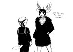 2024 anthro antlers black_and_white clothed clothing comic crossdressing deer deer_admiral_(hladilnik) dialogue domestic_cat dress duo english_text eyewear felid feline felis hi_res hladilnik horn male mammal monochrome sailor_uniform ship's_catboy_(hladilnik) sunglasses text