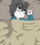 anthro bed bedding black_hair blanket eyes_closed fur furniture hair heart_symbol male on_bed oral pillow solo text under_covers white_body white_fur young young_anthro yarnjelly felid mammal 2014 japanese_text