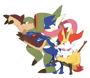 ambiguous_gender anthro blue_body fur group inner_ear_fluff long_tail long_tongue multicolored_body multicolored_fur open_mouth orange_eyes orange_inner_ear_fluff orange_nose parody pseudo_clothing simple_background stick tail tongue tuft white_background white_body white_fur unknown_artist nintendo pokemon yotsuba&! yotsubato! amphibian braixen canid canine chesnaught generation_6_pokemon greninja mammal pokemon_(species) shiny_pokemon colored crossover digital_drawing_(artwork) digital_media_(artwork) source_request