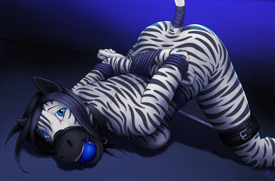 anthro arms_tied ass_up ball_gag bdsm black_hair black_stripes blue_ball_gag blue_eyes bodily_fluids bound breasts female fur gag hair long_hair looking_at_viewer nipples restraints rope saliva solo spreader_bar stripes tail tail_tied white_body white_fur statik zadee equid equine mammal zebra hi_res