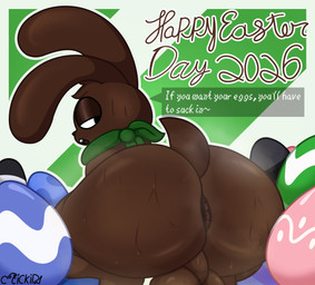 anthro anus backsack balls bedroom_eyes big_butt bodily_fluids butt butt_focus crouching dialogue egg genitals green_kerchief holidays kerchief looking_at_viewer looking_back looking_back_at_viewer low-angle_view male narrowed_eyes presenting presenting_hindquarters rear_view seductive solo sweat sweaty_balls sweaty_butt sweaty_genitalia henrique_rick easter mario_bros nintendo super_mario_64 fan_character hops_(henrique_rick) mips lagomorph leporid mammal rabbit absurd_res digital_drawing_(artwork) digital_media_(artwork) hi_res shaded