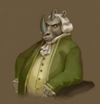 anthro brown_background clothed clothing frown fur green_eyes grey_body grey_fur hair horn jacket leaning male serious_business short_hair simple_background solo topwear white_hair wegs_(artist) mammal rhinoceros