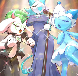 age_difference anthro blue_clothing blue_dress blush clothing dress electronics eyes_closed eyewear fangs female fur glasses green_hair group hair horn male microphone mohawk navel pink_horn singing teeth trio water white_body white_fur young ebino_senaka deltarune undertale_(series) ralsei tasque_manager boss_monster_(undertale) darkner elemental_creature mizzle_(deltarune) water_creature 2025