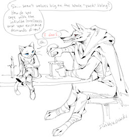 anthro arm_wraps armband armwear bar_stool barefoot beverage black_nose black_sclera blue_eyes blue_sclera boots bottle bottomwear chair cloak clothed clothing container crossed_legs cup dagger dark_humor dialogue digitigrade duo eye_contact facial_markings fangs feet female foot_wraps footwear fur furniture glass glass_container glass_cup grin half-closed_eyes head_markings high_heeled_boots high_heels holding_object holding_weapon humor inside interspecies knife legwrap liquid long_tail looking_at_another looking_at_partner looking_down looking_up male male/female markings mask_(marking) melancholic melee_weapon mostly_nude narrowed_eyes no_shoes pants partially_clothed plantigrade pointy_ears poncho pouring prick_ears pupils question_mark red_eyes red_pupils sad sharp_fangs sharp_teeth shoes simple_background sitting size_difference smile smirk speech_bubble stool table tail talking_to_another talking_to_partner tavern teeth weapon whiskers white_background white_body white_fur wraps scribbleshanks dreamworks puss_in_boots_(franchise) death_(puss_in_boots) kitty_softpaws canid canine canis domestic_cat felid feline felis mammal wolf hi_res signature sketch