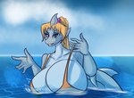 accessory anthro big_breasts bikini bikini_top breasts cleavage clothed clothing eyeshadow female fin hair hair_accessory hair_tie huge_breasts makeup outside shark_tail simple_background sky smile solo swimwear tail teeth two-piece_swimsuit water marshbreeze fair_argument_(meme) jill_(marshbreeze) fish humanoid marine shark digital_media_(artwork) hi_res meme
