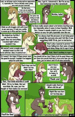 anthro black_nose blush dialogue dipstick_tail feet female feral fingerless_(marking) fur green_hair group hair male male/female markings one_eye_closed open_mouth outside pink_nose purple_body purple_eyes purple_fur tail tail_markings text toeless_(marking) trio wink yellow_eyes fuf flint_(fuf) liam_(fuf) rita_(fuf) mammal murid murine mustelid musteline rat reptile rodent scalie snake true_musteline weasel 2026 absurd_res comic english_text hi_res