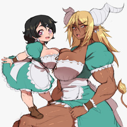 2_horns big_breasts biped blonde_hair breast_squish breasts breasts_frottage clothed clothing duo fellatio female female/female green_clothing hair horn larger_female oral penile sex shortstack simple_background size_difference smaller_female squish tail simmsyboy animal_humanoid bovid bovid_humanoid bovine bovine_humanoid humanoid mammal mammal_humanoid 1:1 absurd_res hi_res