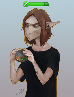 ambiguous_gender anthro black_clothing black_shirt black_t-shirt black_topwear brown_eyes clothing ear_piercing eating eating_food gameplay_mechanics gui hair hunger_bar orange_hair piercing shirt solo t-shirt tan_body tan_skin topwear akrolayn electronic_arts maxis_(ea) the_sims ambiguous_species humanoid 2018 digital_media_(artwork) digital_painting_(artwork) half-length_portrait hi_res painting_(artwork) portrait