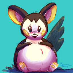 ambiguous_gender belly big_belly blue_background blush duo lying overweight simple_background vore white_belly breakersunny nintendo pokemon emolga generation_5_pokemon mammal pokemon_(species) rodent sciurid 1:1 2015 hi_res