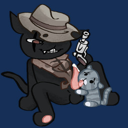 ambiguous_gender anthro bodily_fluids clothing duo erection feral forced fur genital_fluids genitals gun handgun hat headgear headwear holding_object holding_weapon male male/ambiguous paws penis ranged_weapon revolver sex smile tail teeth weapon young young_ambiguous young_feral nath4ni3l mewgenics zodiac_(mewgenics) domestic_cat felid feline felis mammal 1:1 alpha_channel digital_drawing_(artwork) digital_media_(artwork)