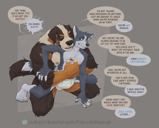 4_toes 5_fingers abstract_background ageplay anthro areola balls biped blue_body blue_fur bodily_fluids brown_body brown_fur claws clothed clothing dialogue diaper duo feet fingers fur genitals implied_chastity infantilism male male/male nipple_fetish nipple_play nipples roleplay simple_background size_difference speech_bubble sweat teasing text toe_claws toes topless wearing_diaper puddlepup luther_(puddlepup) tyler_(puddlepup) canid canine canis domestic_dog mammal wolf digital_media_(artwork) english_text hi_res url