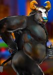 anthro barazoku black_body factory hip_grab horn looking_at_viewer male milk musclegut muscular muscular_anthro muscular_male nude overweight pecs side_view solo tail 20secondstoshame curtis bovid bovine cattle mammal hi_res